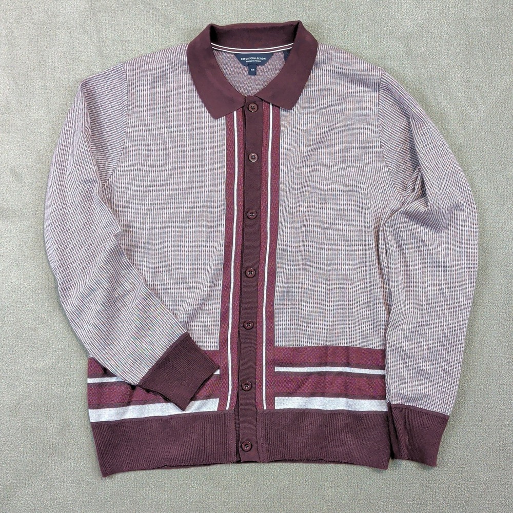 Report Collection Knit Polo Sweater Mens Medium Burgundy Grey Cashmere Touch